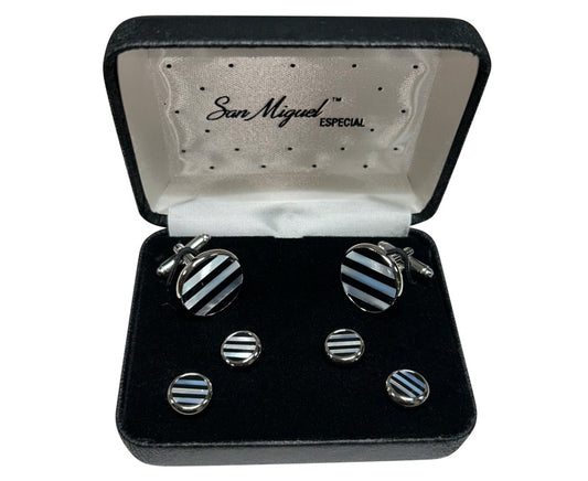 Cufflink set with inlaid striped pearl and onyx design in a 'San Miguel Especial' branded box.
