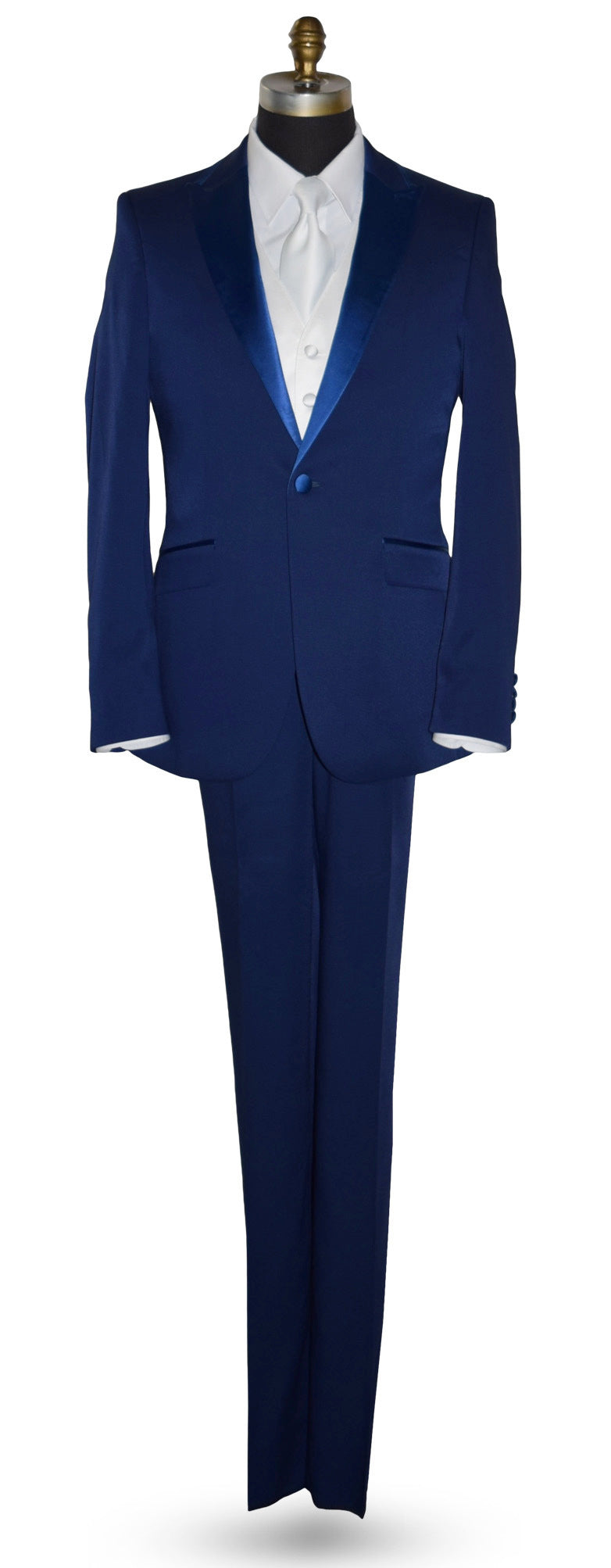 Blue tuxedo on a mannequin with a white shirt and tie against a white background