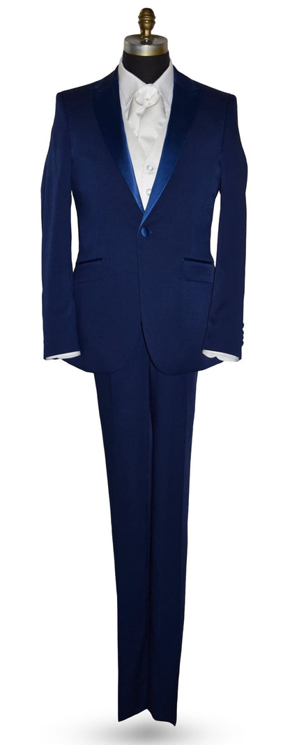 life size mannequin wearing a persian blue tuxedo with white satin vest and white satin ascot against a white background
