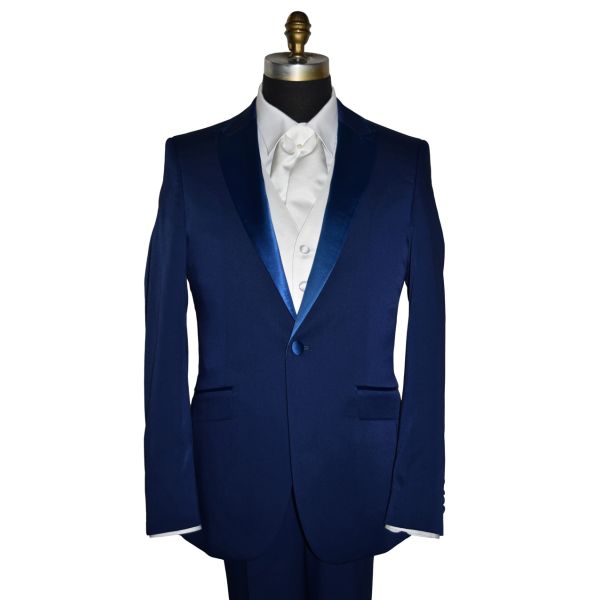 close-up mannequin wearing a persian blue tuxedo with white satin vest and white satin ascot against a white background
