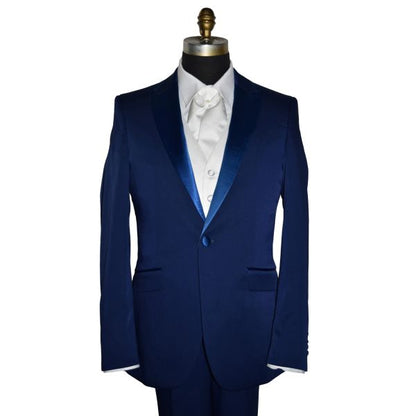 close-up mannequin wearing a persian blue tuxedo with white satin vest and white satin ascot against a white background