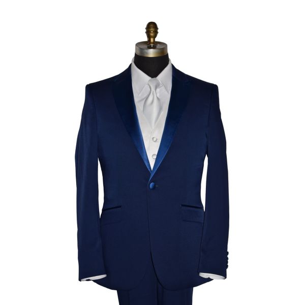 close-up Blue tuxedo on a mannequin with a white shirt and tie against a white background