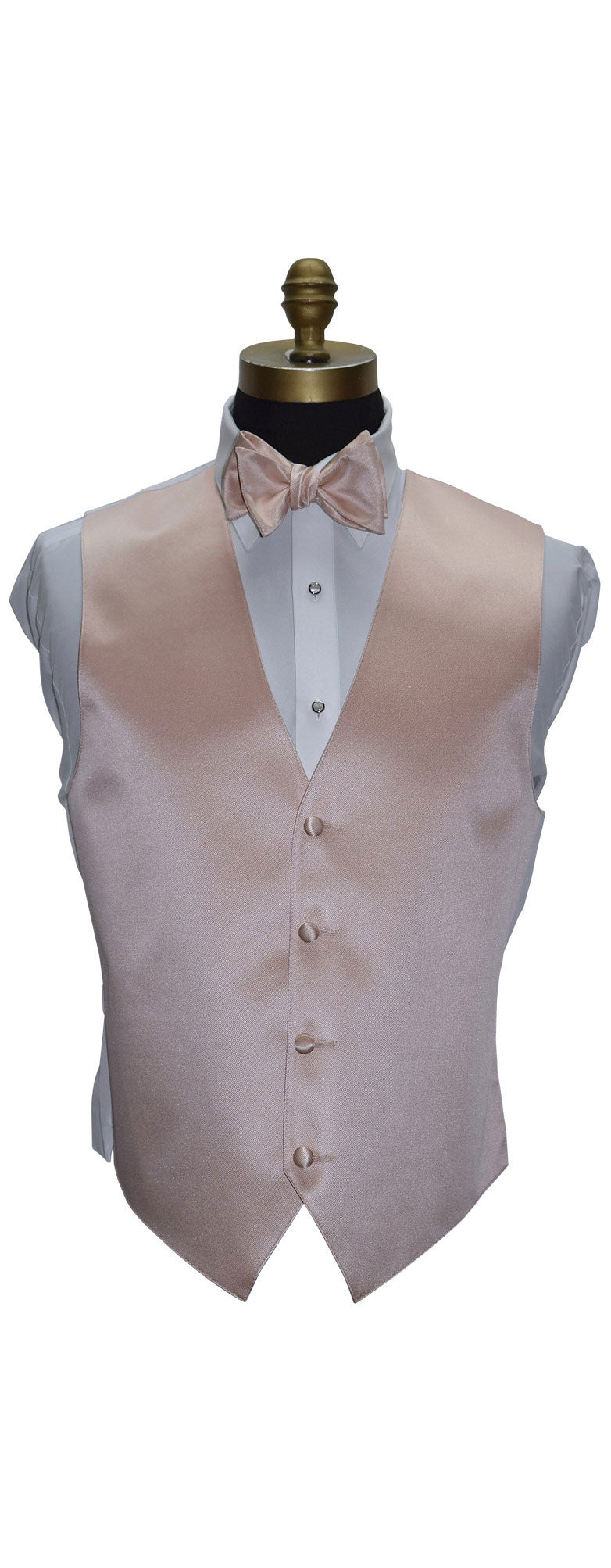 Men's petal color tuxedo vest, white dress shirt, and "tie-yourself" petal bow tie on a mannequin against a white background