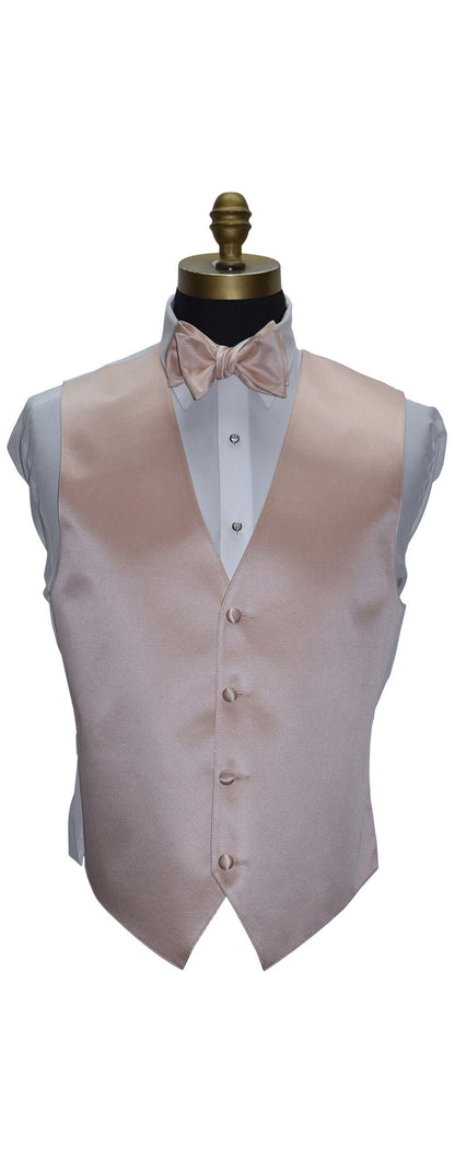 Men's petal color tuxedo vest, white dress shirt, and "tie-yourself" petal bow tie on a mannequin against a white background