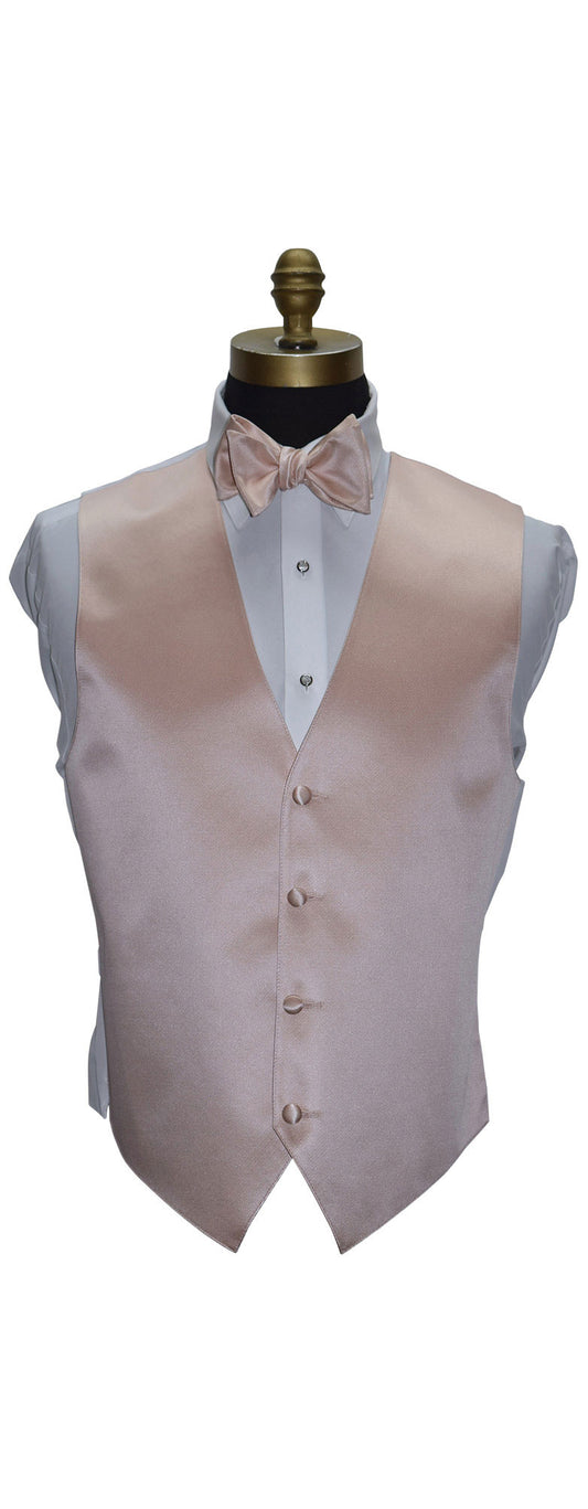 Men's petal color tuxedo vest, white dress shirt, and "tie-yourself" petal bow tie on a mannequin against a white background