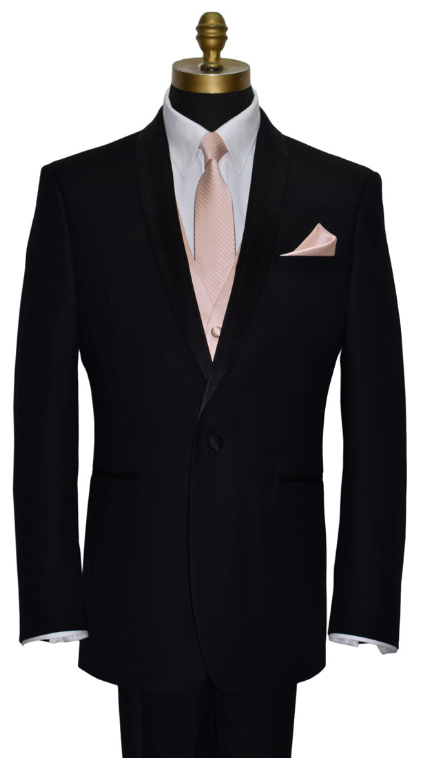 black shawl-collar tuxedo wearing a white dress shirt with a petal long necktie and petal tuxedo vest against a white background