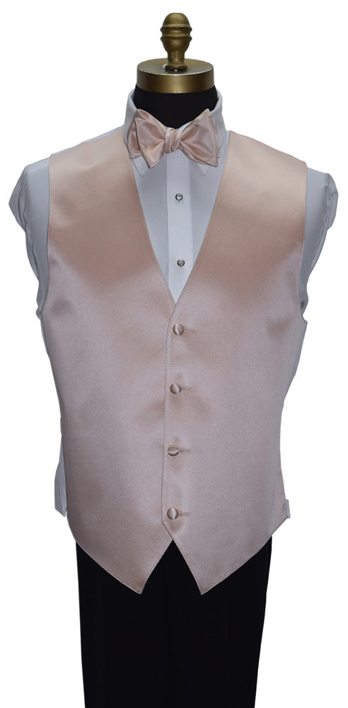 mannequin wearing a petal color tuxedo vest with a white dress shirt and a petal "self-tie" bowtie against a white background