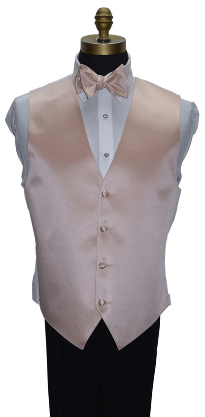 mannequin wearing a petal color tuxedo vest with a white dress shirt and a petal "self-tie" bowtie against a white background