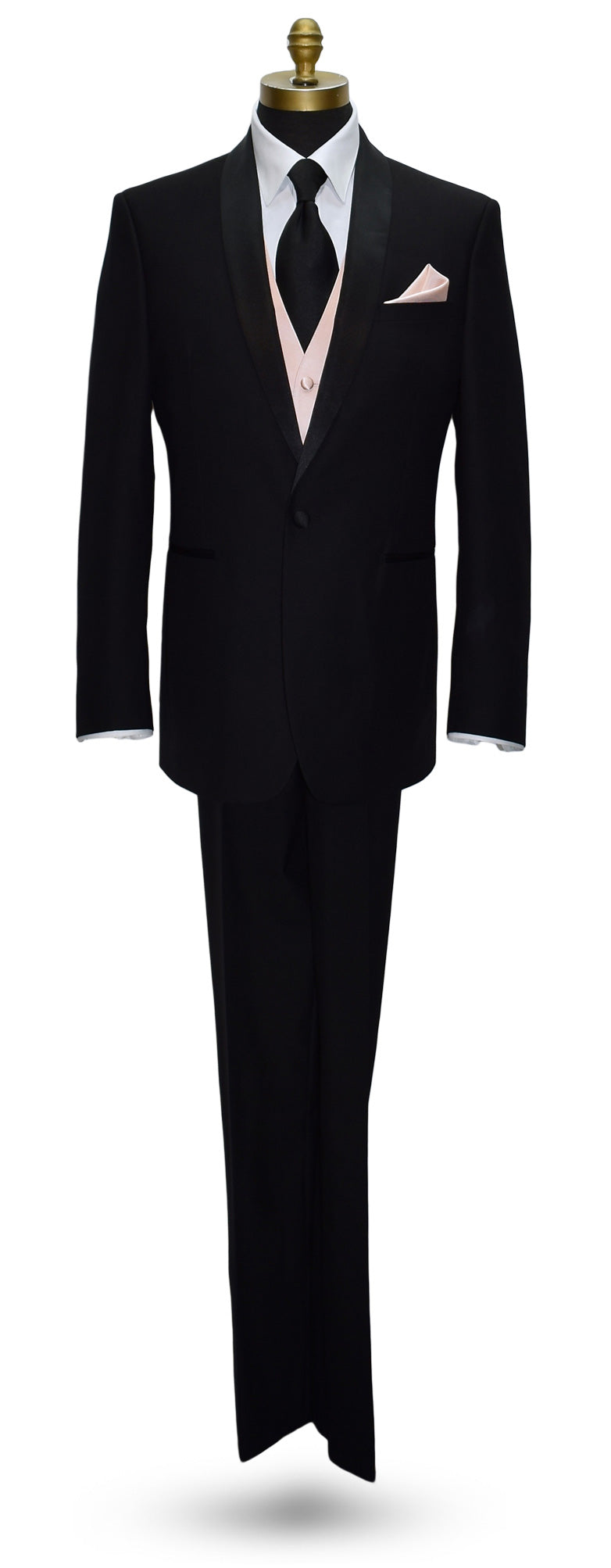 life-size mannequin wearing a black shawl-collar tuxedo with a black silk dress necktie and a petal tuxedo vest and pocket handkerchief, against a white background 