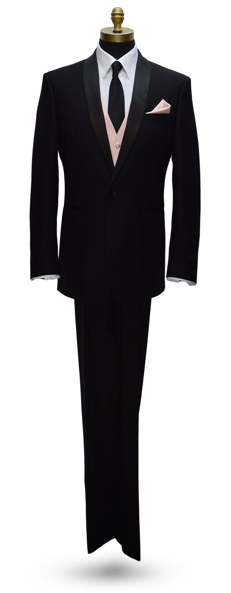 life size mannequin wearing a black shawl-collar tuxedo with a white dress shirt and black skinny necktie with a petal tuxedo vest.