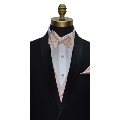 close-up black shawl-collar tuxedo with a petal tuxedo vest and petal "self-tie" bowtie and pocket handkerchief against a white background