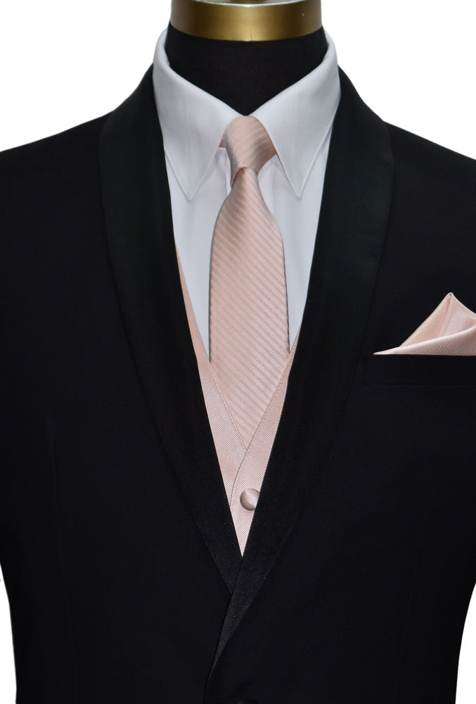 mannequin wearing a black shawl-collar tuxedo with a white dress shirt and a petal necktie and petal tuxedo vest and pocket handkerchief against a white background