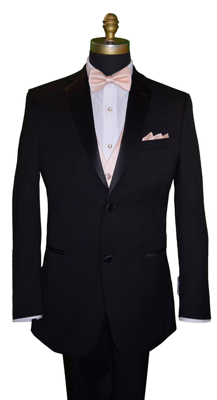 mannequin wearing a black notch-lapel and a white dress shirt together with a "pre-tied" petal bowtie and petal tuxedo vest against a white background