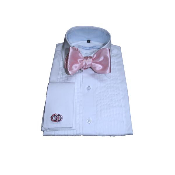 white tuxedo shirt with pink bowtie and pink crystal cufflinks
