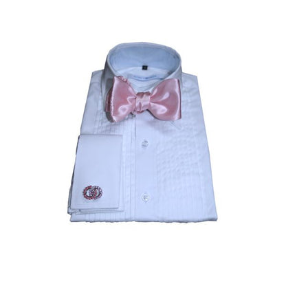 white tuxedo shirt with pink bowtie and pink crystal cufflinks