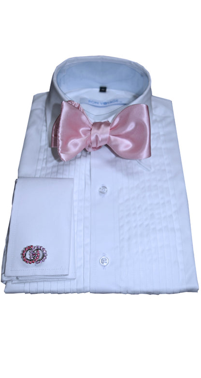 close-up white tuxedo shirt with a pink silk "self-tie" bowtie and pink cufflinks