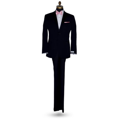 full length mannequin wearing a black tuxedo wearing a white tuxedo shirt with a pink silk "tie-yourself" bowtie against a white background
