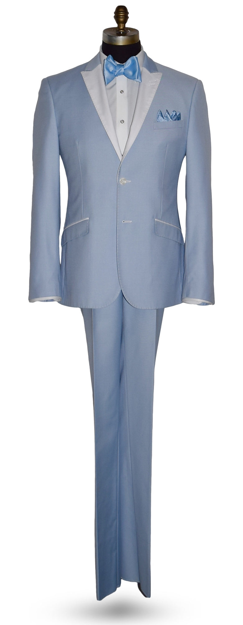 life size mannequin wearing a powder blue tuxedo with a blue bowtie against a white background