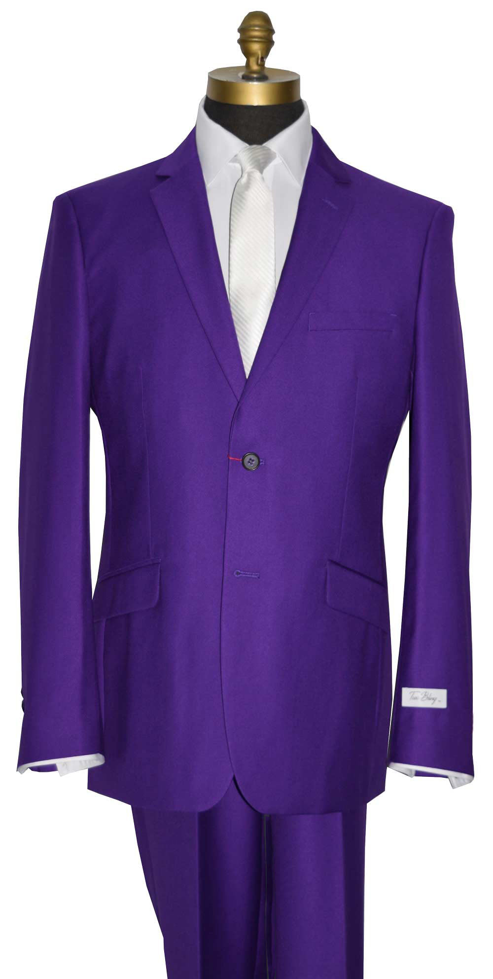 close-up front view mannequin wearing a men's purple suit with long white dress tie against a white background