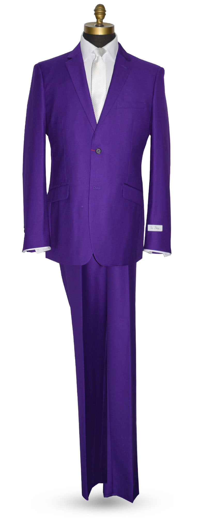 mannequin wearing a men's purple suit with long white dress tie against a white background
