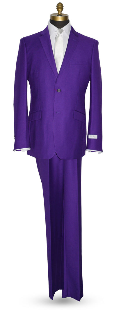 mannequin wearing a men's purple suit with long white dress tie against a white background