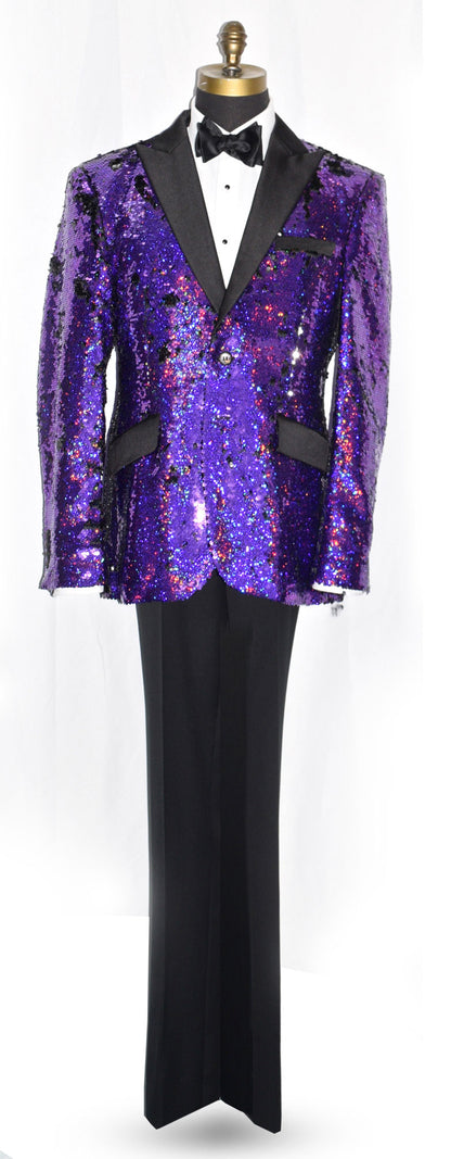 Purple sequin tuxedo with black lapels and pants on a mannequin against a white background