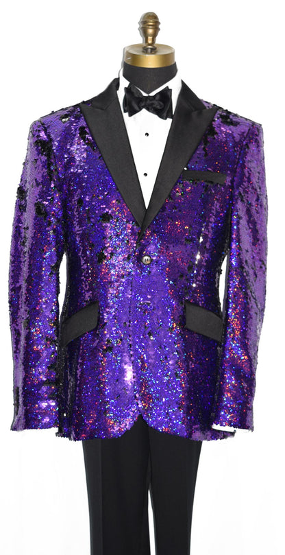 close-up Purple sequin tuxedo jacket on a mannequin with a white background