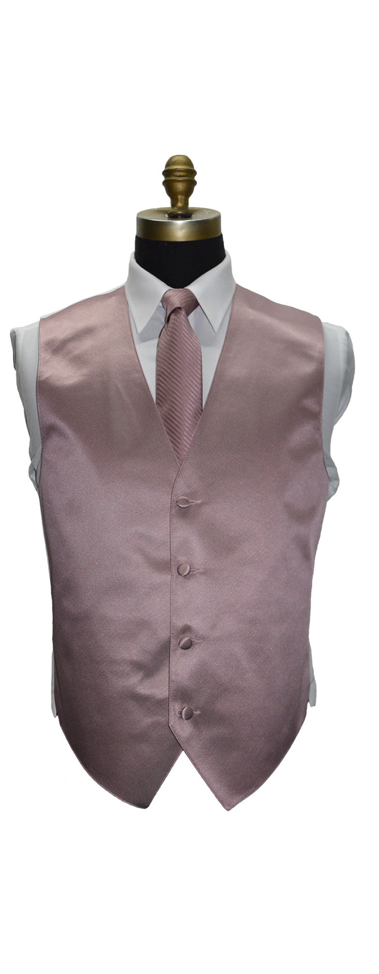 Quartz tuxedo vest and with a quartz striped long necktie on a mannequin with a white background