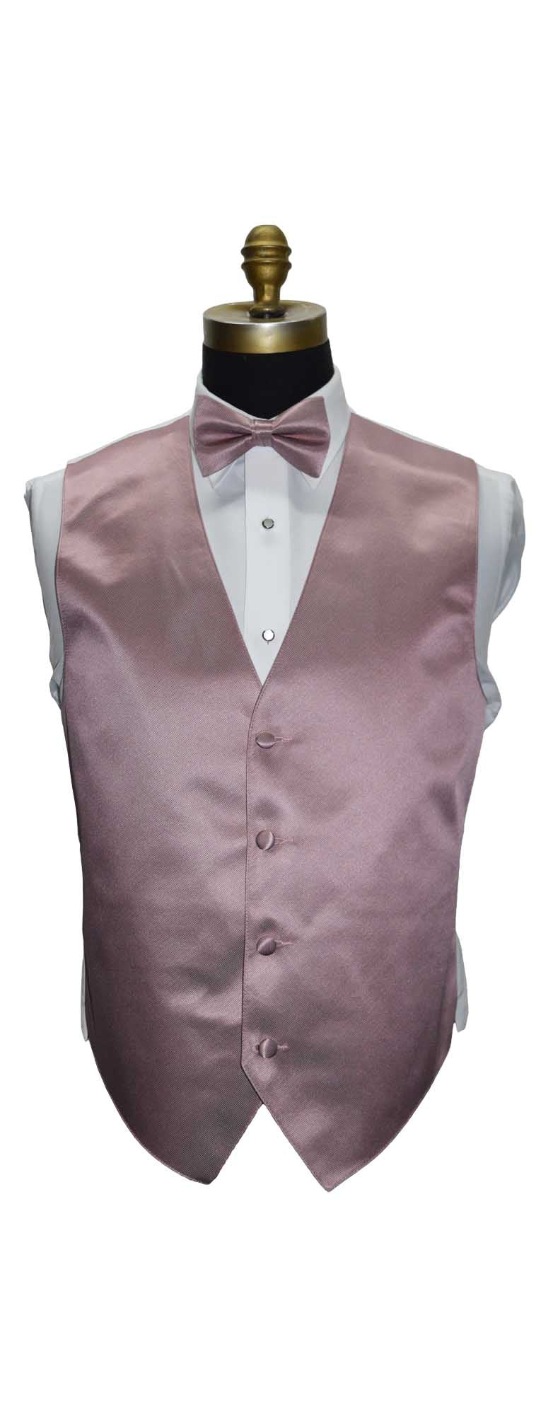 Quartz tuxedo vest with a quartz "pre-tied" bow tie on a mannequin with a white shirt underneath against a white background