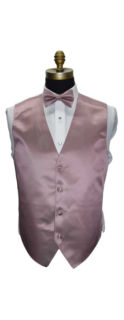 Quartz tuxedo vest with a quartz "pre-tied" bow tie on a mannequin with a white shirt underneath against a white background
