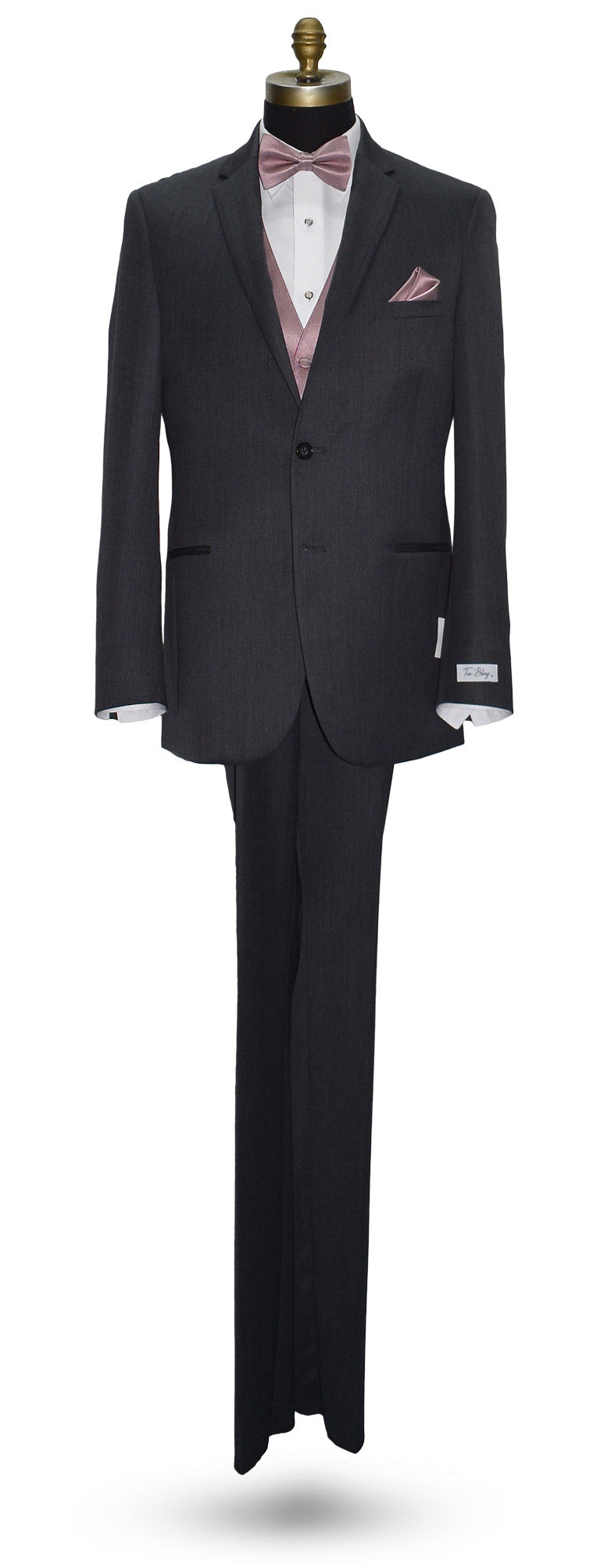 Life size mannequin wearing a Charcoal gray wedding suit with a white dress shirt and a quartz "pre-tied" bowtie and a quartz vest against a white background 