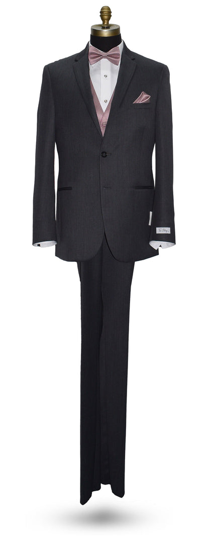 Life size mannequin wearing a Charcoal gray wedding suit with a white dress shirt and a quartz "pre-tied" bowtie and a quartz vest against a white background 