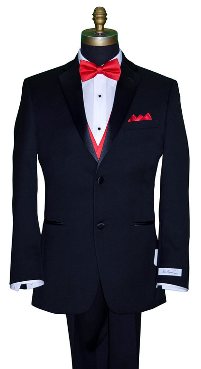 close-up mannequin black "San Miguel Especial" notch-lapel tuxedo with a red satin bowtie and red satin tuxedo vest against a white background