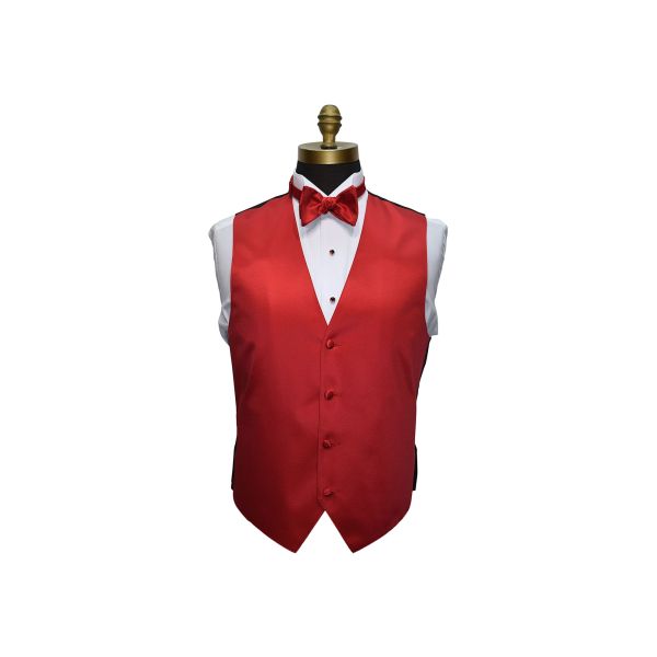 front view mannequin wearing red vest and red self-tie bowtie and red studs and cufflinks against a white background