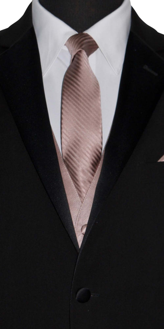 close-up Black notch lapel tuxedo with a white shirt and rose-gold necktie with stripes on a mannequin against a white background