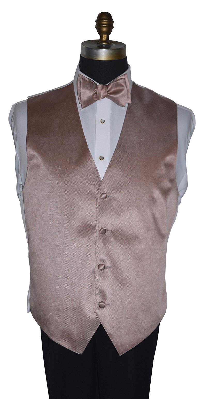 mannequin wearing a mannequin with a white dress shirt with a rose-gold tuxedo vest and rose-gold "tie-yourself" bowtie against a white background