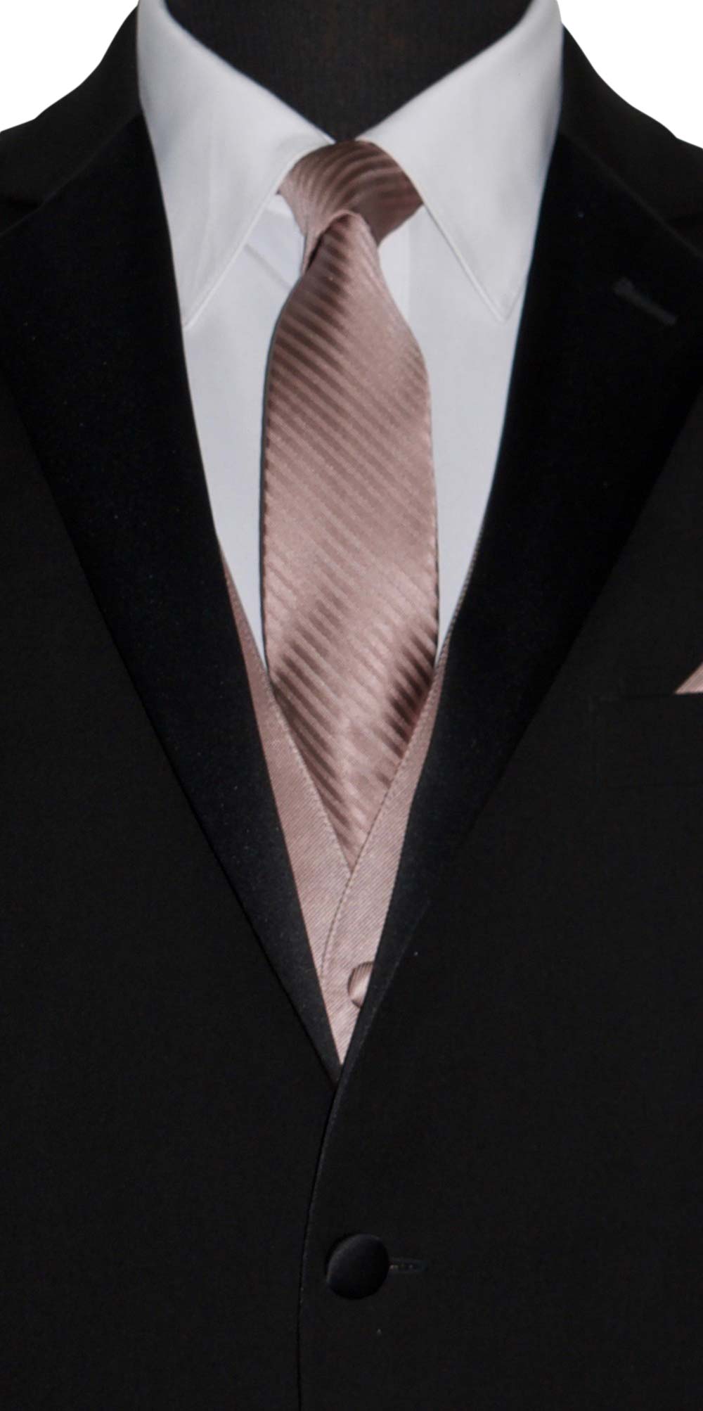 black wedding suit with a white dress shirt with a rose-gold tuxedo vest and a rose-gold long necktie against a white background