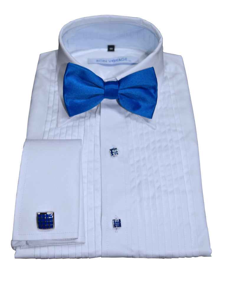 white tuxedo shirt showing a royal bue bow-tie against a white background