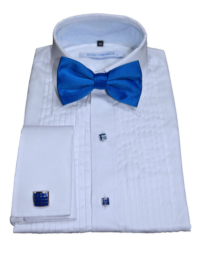 white tuxedo shirt showing a royal bue bow-tie against a white background