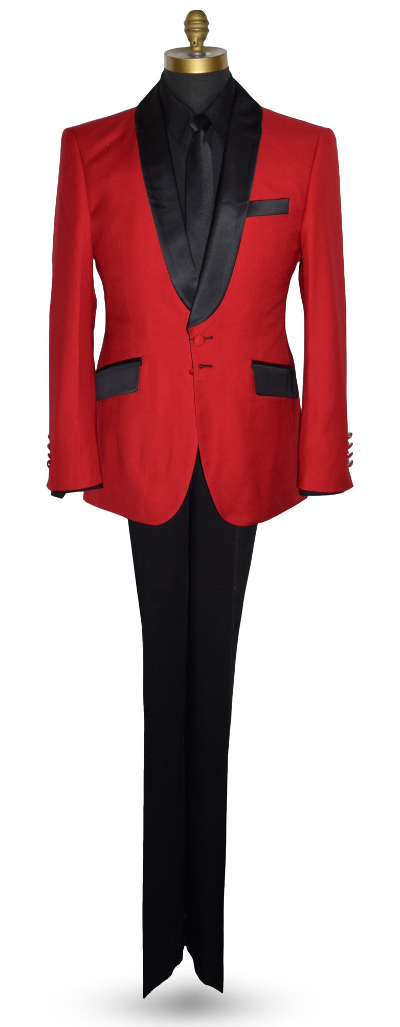 life size mannequin wearing red shawl collar tuxedo with a black tuxedo shirt and a long black necktie with black tuxedo pants
