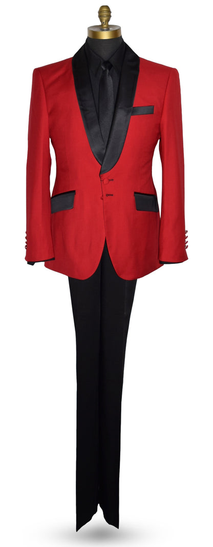 life size mannequin wearing red shawl collar tuxedo with a black tuxedo shirt and a long black necktie with black tuxedo pants