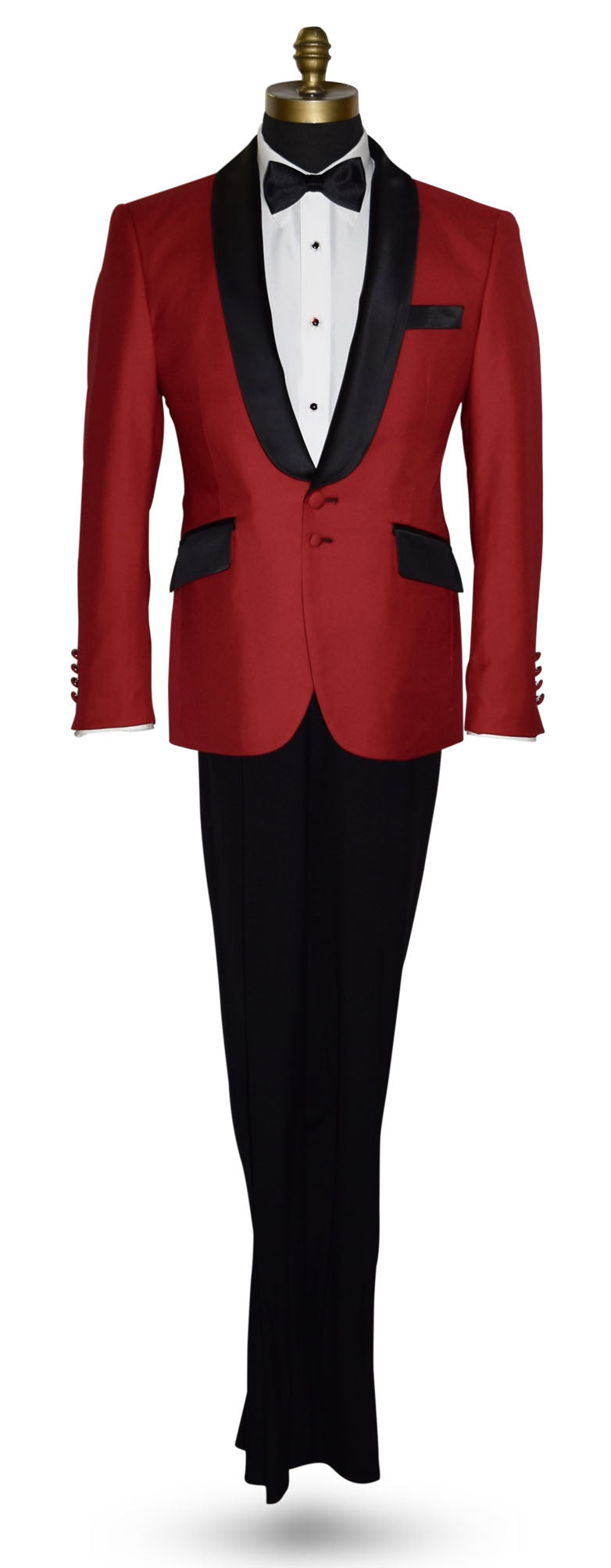 Red tuxedo with black lapels and pants on a mannequin against a white background