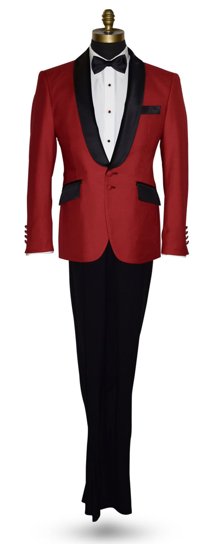 Red tuxedo with black lapels and pants on a mannequin against a white background