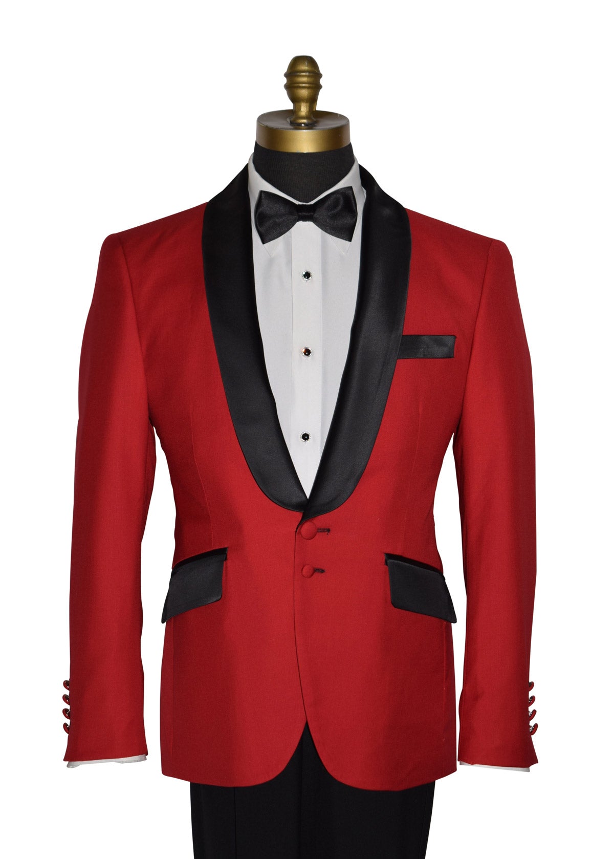 close-up Red tuxedo with black lapels and pants on a mannequin against a white background