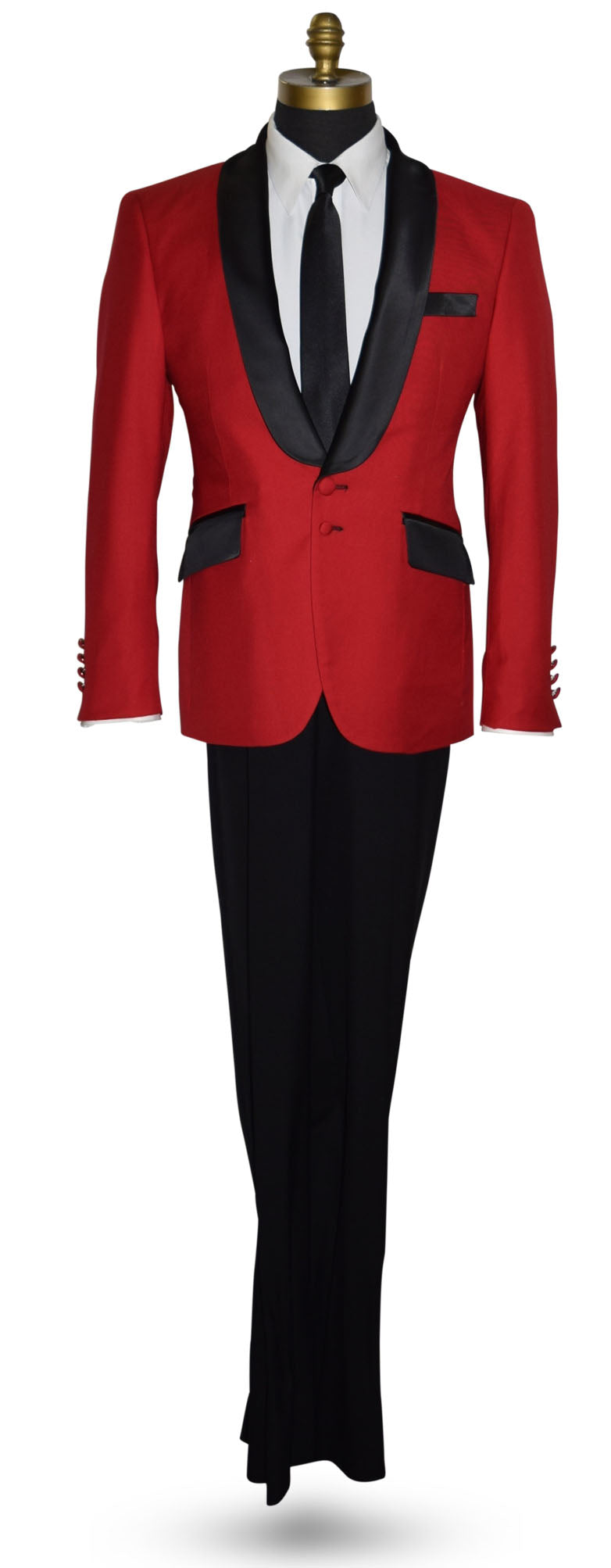 life size mannequin wearing a royal-red tuxedo with black pants and a long black necktie