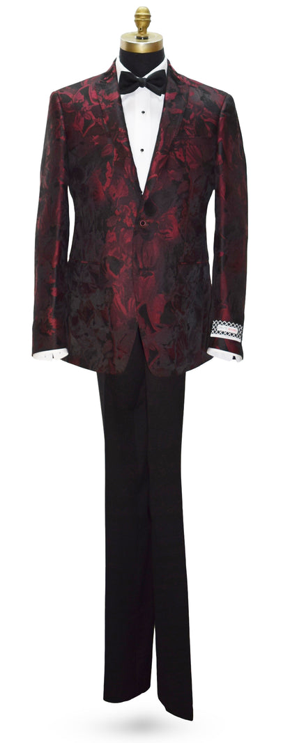 Red floral-patterned tuxedo jacket and black pants on a mannequin against a white background