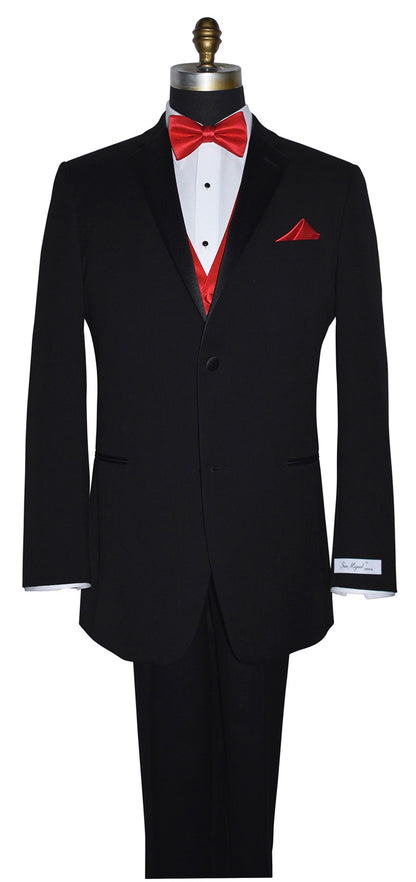 Black suit with red bow tie, red vest and pocket square on a mannequin against a white background