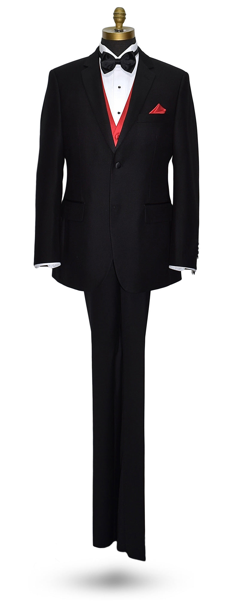 life-size mannequin wearing a black notch-lapel tuxedo with a white dress shirt with a black satin bowtie and ruby red vest and pocket handkerchief against a white background