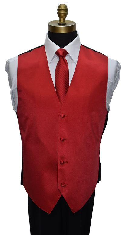 Red vest with matching red striped necktie on a mannequin against a white background