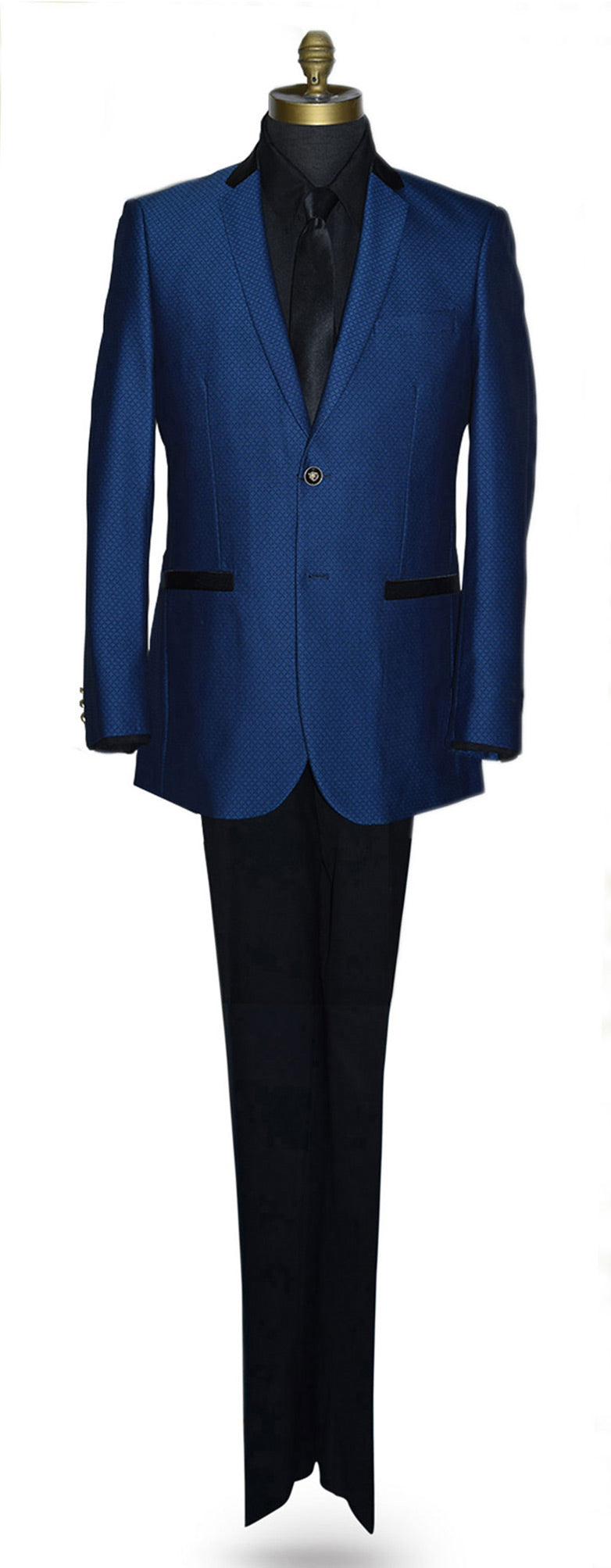 sapphire Blue suit jacket and black pants on a mannequin against a white background